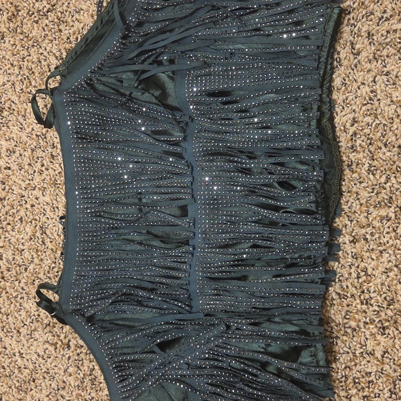 Women's Green Suede And Rhinstone Fringe Crop Top - Picture 4 of 4